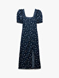Kısa Balon Kollu Sırtı Bağcıklı Bodycon Çiçekli Yırtmaçlı Midi Elbise Bürümcük
