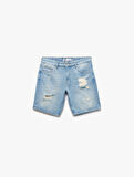 Pamuklu Yırtık Detaylı Bermuda Slim Fit Jean Şort