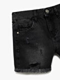 Pamuklu Cepli Yıpratılmış Detaylı Yüksek Bel Denim Şort