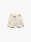 Keten Karışımlı Kemerli Çizgili Şort