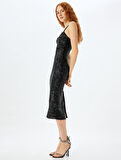 Pullu Payetli Abiye Elbise Midi Boy Çift Askılı Yırtmaçlı Kalp Yaka Slim Fit