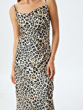 Degaje Yaka Saten Leopar İp Askılı Midi Slip Elbise