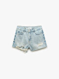 Yüksek Bel Rahat Kesim Pamuklu Yırtık Mini Denim Şort