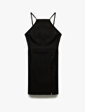 Slim Fit Yırtmaç Detaylı Halter Yaka Kolsuz Mini Elbise