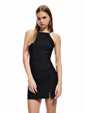Slim Fit Yırtmaç Detaylı Halter Yaka Kolsuz Mini Elbise