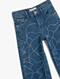 Taş Detaylı Geniş Paça Cepli Pamuklu Kot Pantolon - Wide Leg Jean