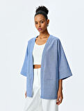 V Yaka Cep Detaylı Oversize Çizgili Kruvaze Kimono