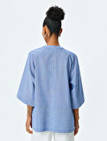 V Yaka Cep Detaylı Oversize Çizgili Kruvaze Kimono