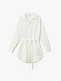 Pamuklu Rahat Kalıp Kemerli Uzun Kollu Gömlek Yaka Müslin Plaj Elbisesi