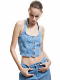 Halter Yaka Düğmeli Dar Kesim Kolsuz Crop Denim Üst