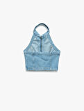 Pamuklu Slim Fit Fermuarlı Denim Kolsuz Crop Üst