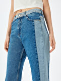 Yüksek Bel Renk Bloklu Düğmeli Kot Pantolon -  Straight Fit Jean