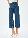 Yüksek Bel Rahat Kalıp Cepli Kısa Denim Pantolon  -  Culotte Jeans