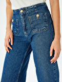 Yüksek Bel Rahat Kalıp Cepli Kısa Denim Pantolon  -  Culotte Jeans