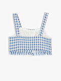 Kare Yaka Ekose Desenli Tüvit Crop Bluz