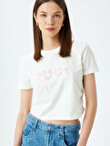 Crop Bisiklet Yaka Kısa Kollu Slim Fit Fiyonklu Tişört