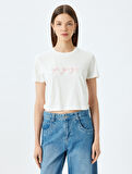 Crop Bisiklet Yaka Kısa Kollu Slim Fit Fiyonklu Tişört