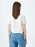 Crop Bisiklet Yaka Kısa Kollu Slim Fit Fiyonklu Tişört