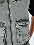 Kapaklı Cep Detaylı Pamuklu V Yaka Kolsuz Oversize Denim Yelek