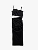 İnce Askılı Yan Pencere Detaylı Midi Bodycon Elbise