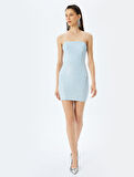 Straplez Yaka Dikiş Detaylı Mini Bodycon Pullu Elbise