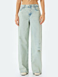 Yıpratma Detaylı Düşük Bel Bol Kalıp Kot Pantolon  -  Loose Straigh Fit Jean