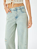Yıpratma Detaylı Düşük Bel Bol Kalıp Kot Pantolon  -  Loose Straigh Fit Jean