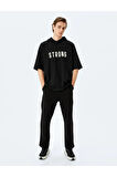 Kapşonlu İşlemeli Şardonlu Kısa Kollu Oversize Spor Sweatshirt
