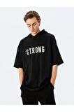 Kapşonlu İşlemeli Şardonlu Kısa Kollu Oversize Spor Sweatshirt