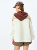 Kapüşonlu Cep Detaylı Fermuarlı Renk Bloklu Peluş Sweatshirt