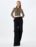 Leopar Tül Bluz Crop Uzun Kollu Bisiklet Yaka Büzgülü