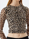 Leopar Tül Bluz Crop Uzun Kollu Bisiklet Yaka Büzgülü