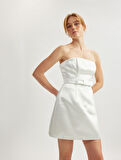 Straplez Mini Slim Fit Fiyonklu A Kesim Saten Elbise