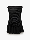 Drape Detaylı Kolsuz Straplez Volanlı Mini Abiye Elbise