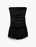 Drape Detaylı Kolsuz Straplez Volanlı Mini Abiye Elbise