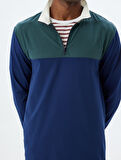 Spor Sweatshirt Dik Yaka Yarım Fermuarlı Arkası Baskılı Renk Kontrastlı İnterlok Kumaş