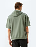 Yarım Kollu Kapşonlu Pamuk Karışımlı Slogan Baskılı Oversize Spor Sweatshirt