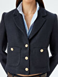 Slim Fit Gold Düğme Detaylı Cepli Crop Tüvit Blazer Ceket 