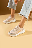 Pembe Potin Kalın Poli Taban Bağcıklı Kadın Rahat Sneaker 36-140-24Queen