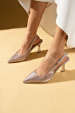 Pembe Potin Kroko Desenli Sivri Burun Arkası Açık Slingback Kadın Topuklu Ayakkabı 71-633-25Baskı