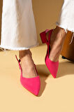 Pembe Potin Sivri Burun Saten Kumaş Slingback Kadın Topuklu Ayakkabı 87-151-25Saten