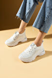 Pembe Potin Parlak Taş Detaylı Bağcıklı Triko Rahat Taban Kadın Sneakers 36-872-25