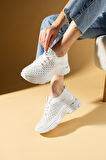 Pembe Potin Parlak Taş Detaylı Bağcıklı Triko Rahat Taban Kadın Sneakers 36-872-25