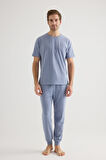 Erkek Pamuklu Kısa Kollu Uzun Pijama Takımı