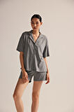 Kadın Pamuklu Kısa Kollu Gömlek Pijama Üstü