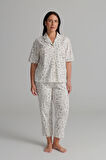 Kadın Plus Size Pamuklu Kısa Kollu Gömlek Uzun Pijama Takımı