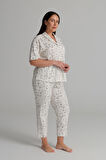 Kadın Plus Size Pamuklu Kısa Kollu Gömlek Uzun Pijama Takımı