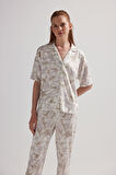 Kadın Viskon Kısa Kollu Gömlek Pijama Üstü