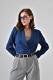 Lacivert Kruvaze Crop Blazer Ceket