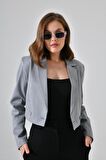 Gri Kruvaze Crop Blazer Ceket